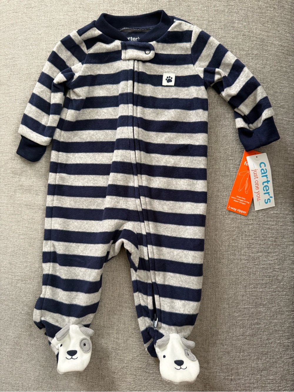 NWT Carter's Navy & Gray Striped Doggy Baby One-Piece Footie Pajamas
